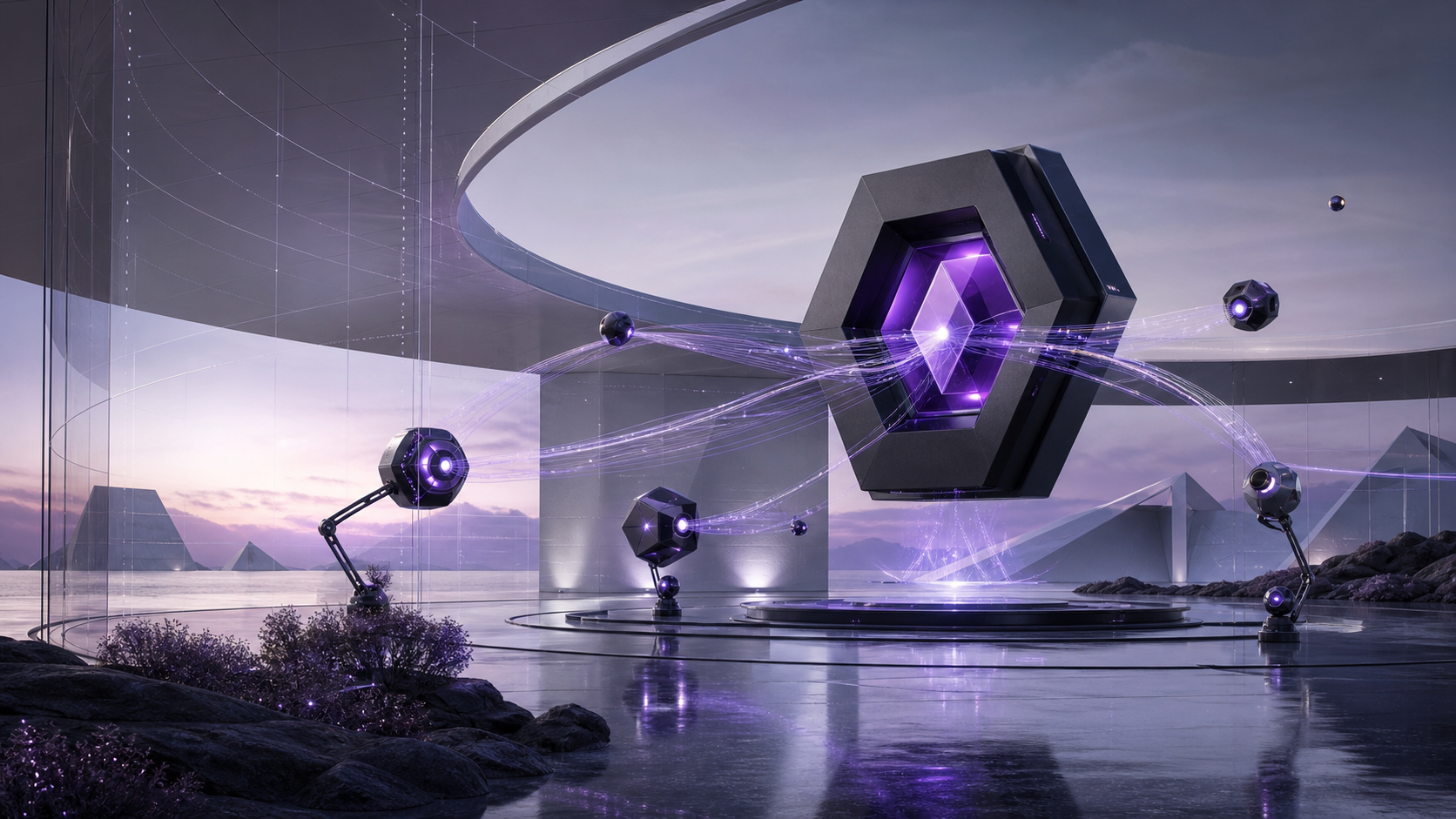 An original Pure AI observatory with a floating charcoal and purple intelligence core